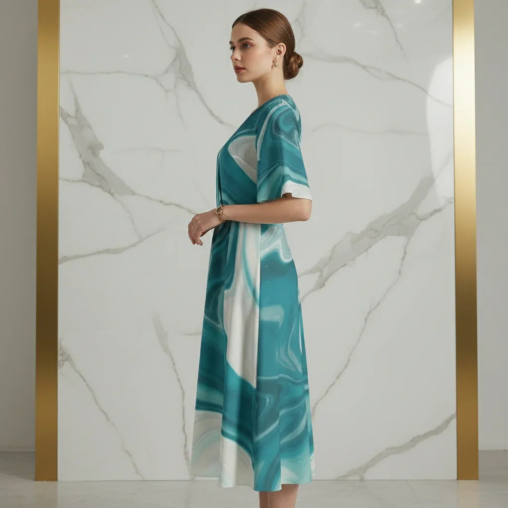 Woman in a teal and white abstract midi dress standing by a marble wall at Ivorynn