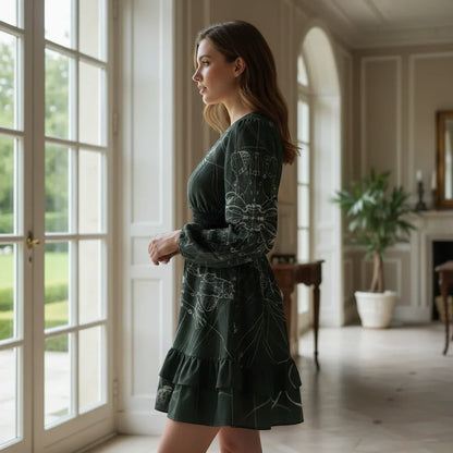 Woman in elegant green dress standing by French doors in luxury modern home, Ivorynn fashion