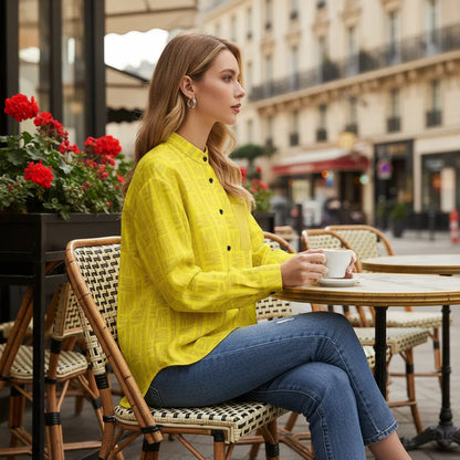 Side profile of yellow shirt at café