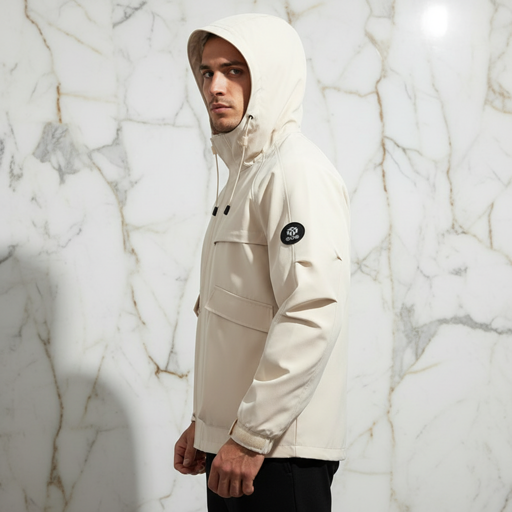 Side profile - sporty man in off-white jacket