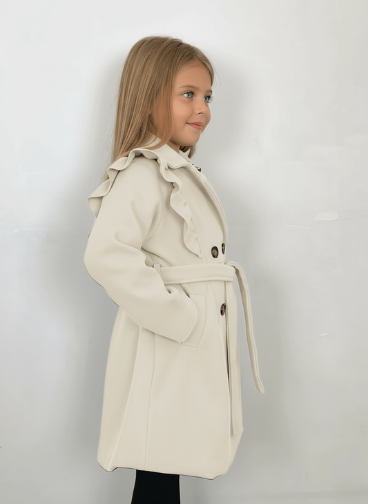 Chic Lined Beige Jacket with Ruffles and Belt