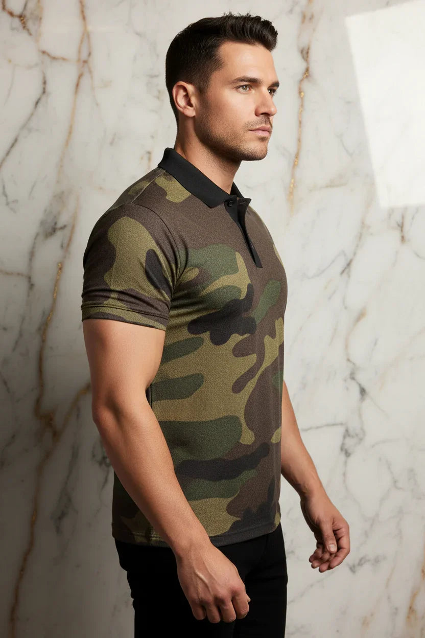 Man modeling camouflage polo shirt against marble wall at IVORYNN fashion store