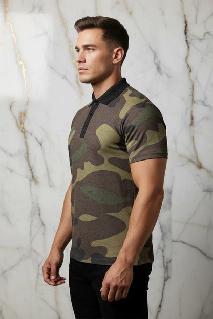 Man in camouflage print polo shirt from IVORYNN, side profile, marble background
