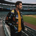 Stylish man in graphic jacket and yellow sweater at stadium, modern men's fashion from Ivorynn