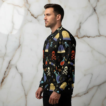 Man in black Halloween-themed sweatshirt with skulls, potions, and gravestones by Ivorynn
