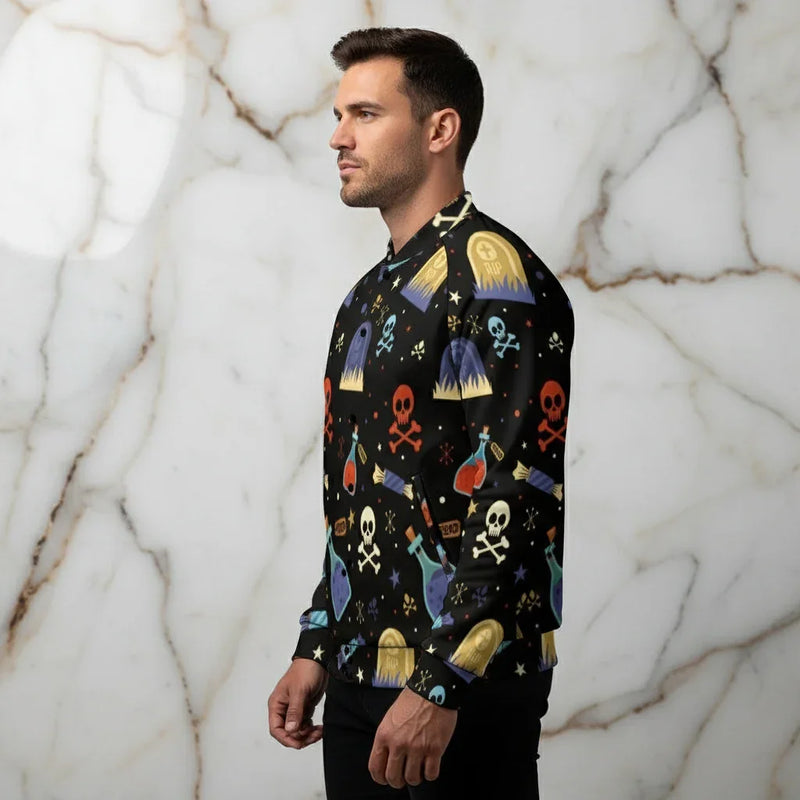 Man in black Halloween-themed sweatshirt with skulls, potions, and gravestones by Ivorynn
