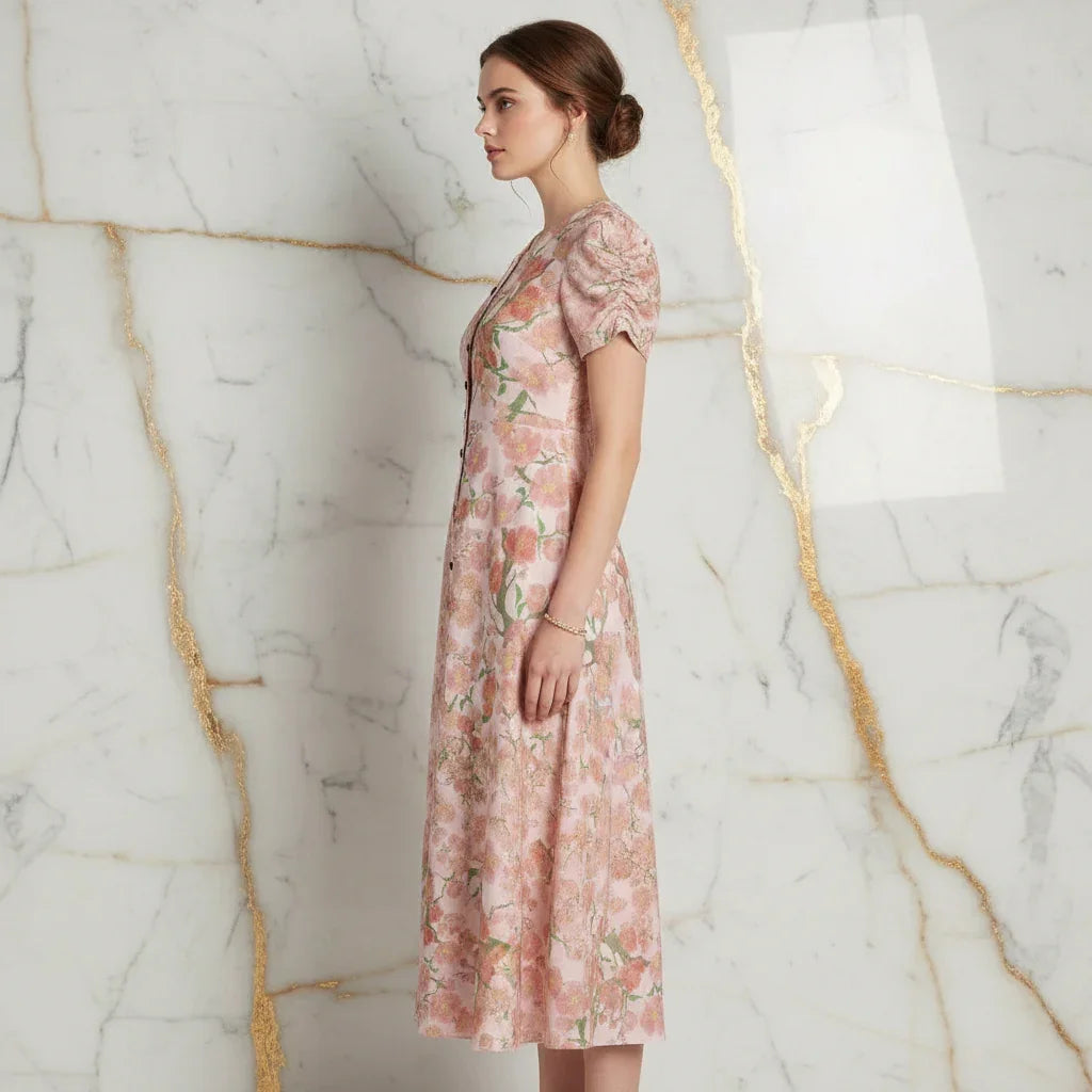 Side view of woman in floral pink midi dress, elegant fashion from Ivorynn against marble wall
