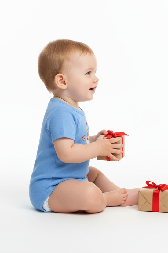 Side view of baby in blue onesie