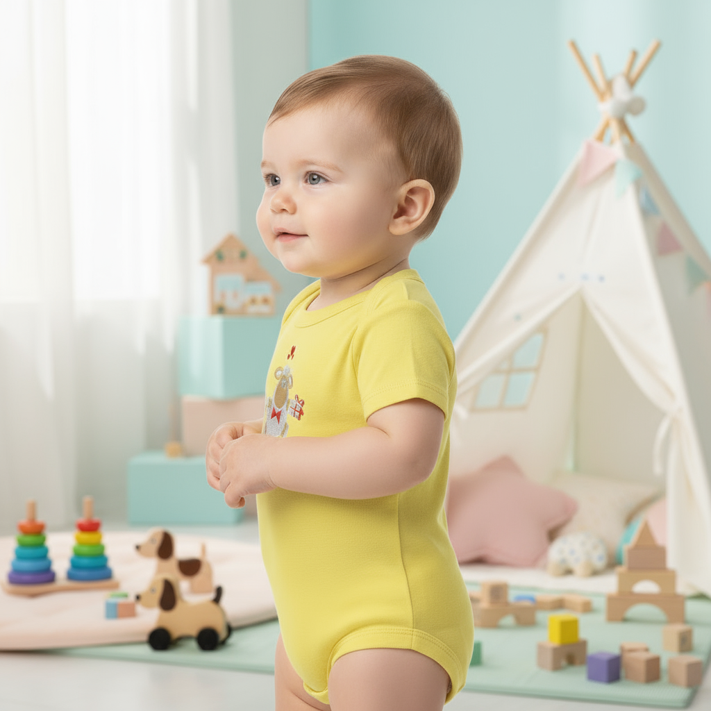 Side view of baby in yellow onesie