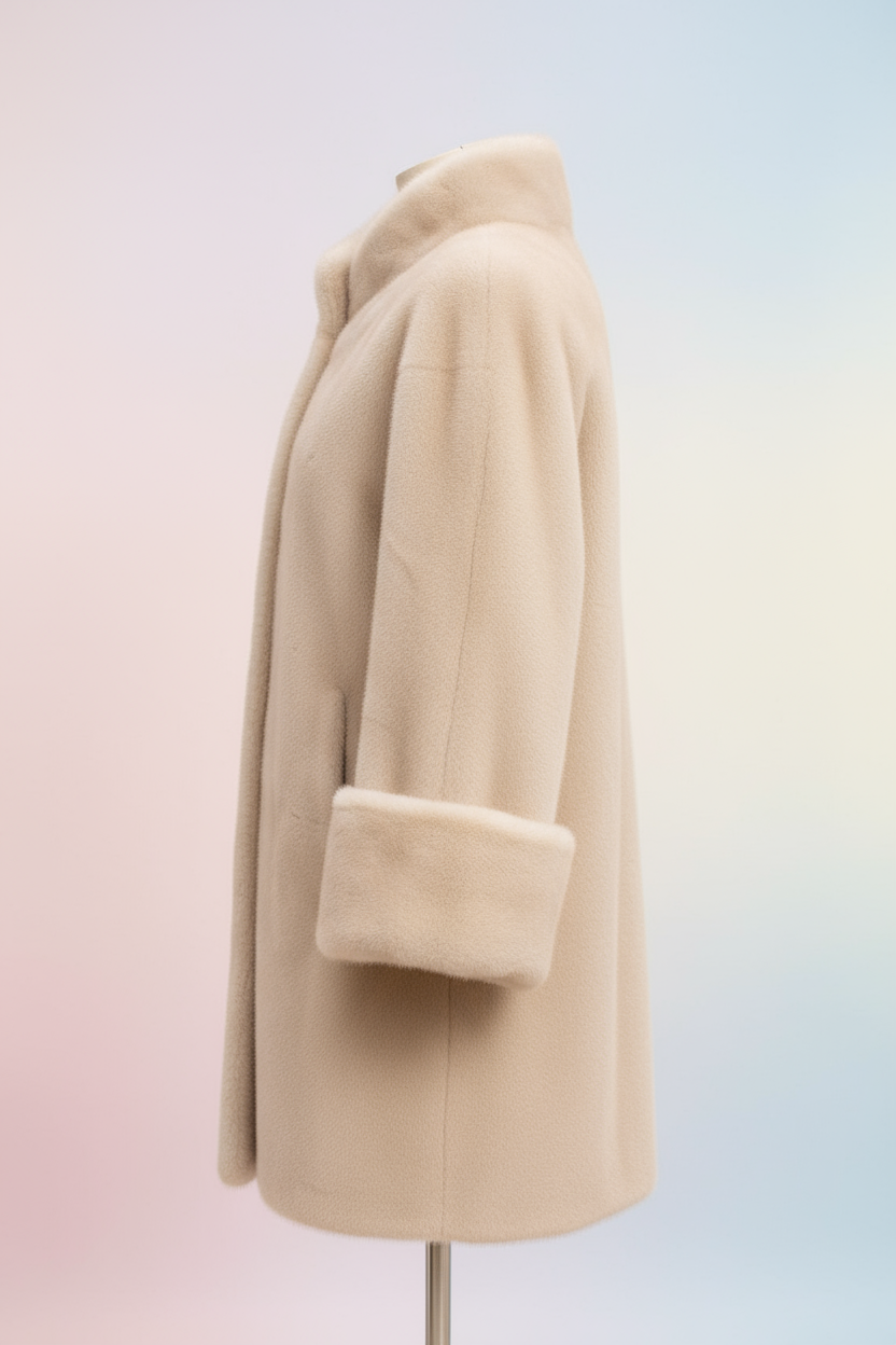 Side view of cream faux fur jacket on light background