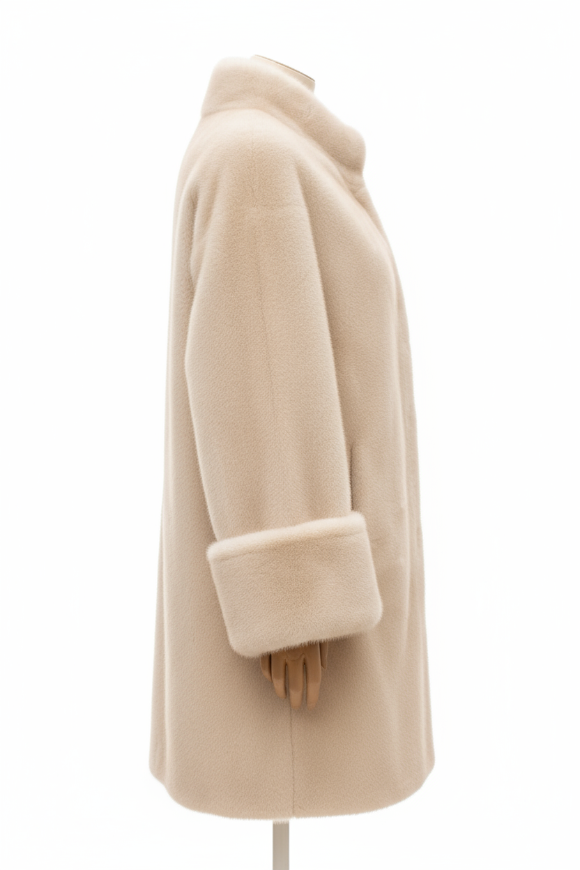 Side view of cream faux fur jacket