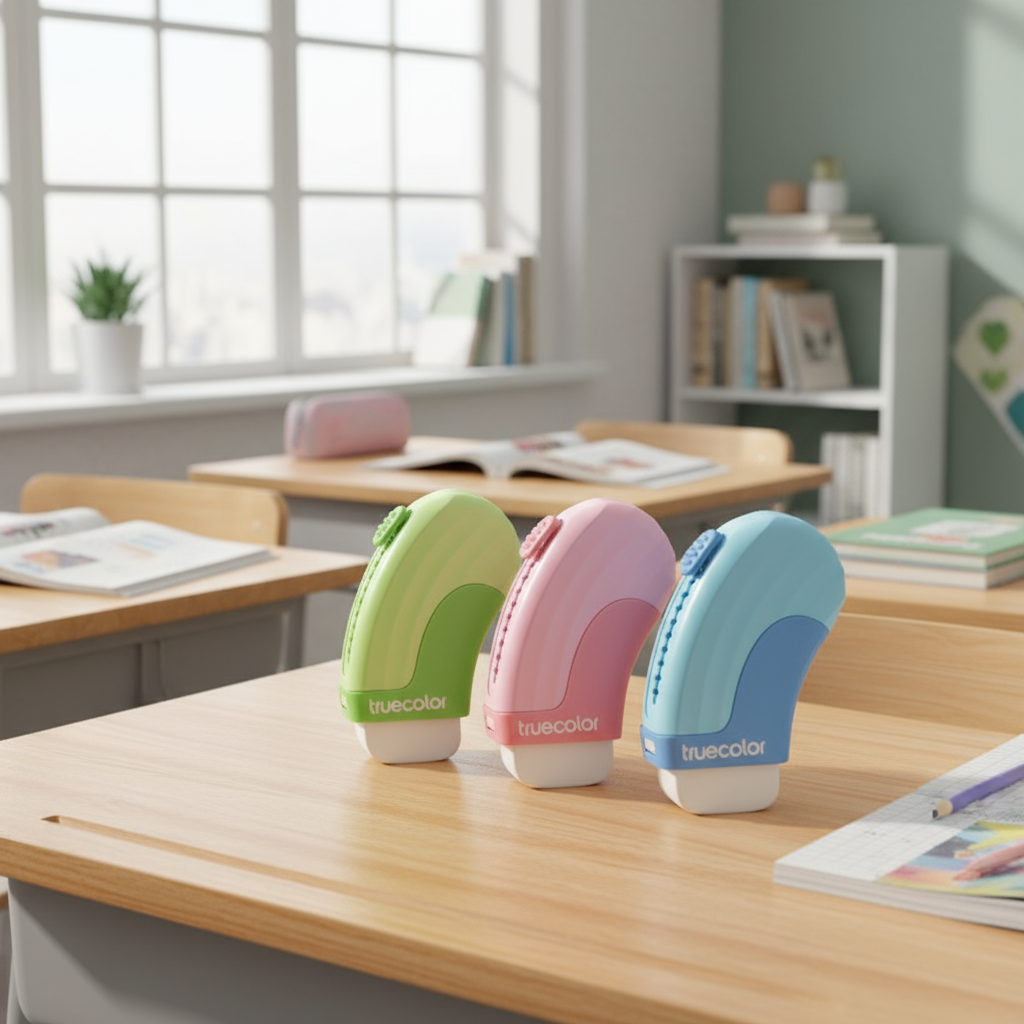 Side view of three erasers lined up on desk