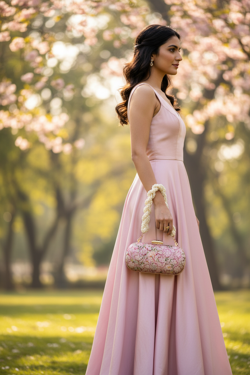 Side view of woman holding pink clutch
