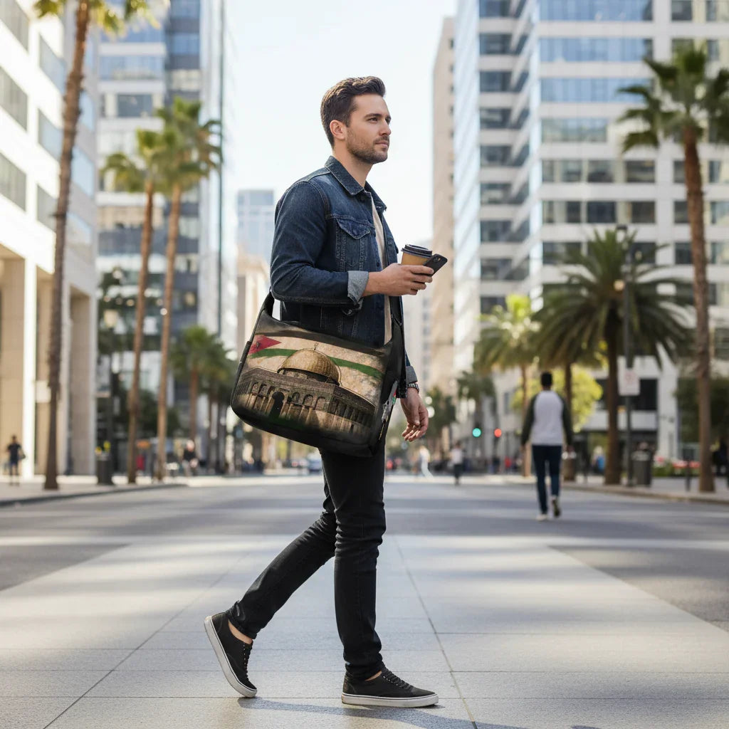 Side view - walking past offices