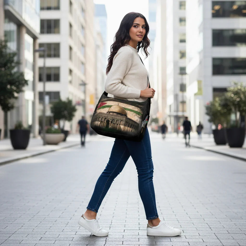 Side view - woman walking past offices