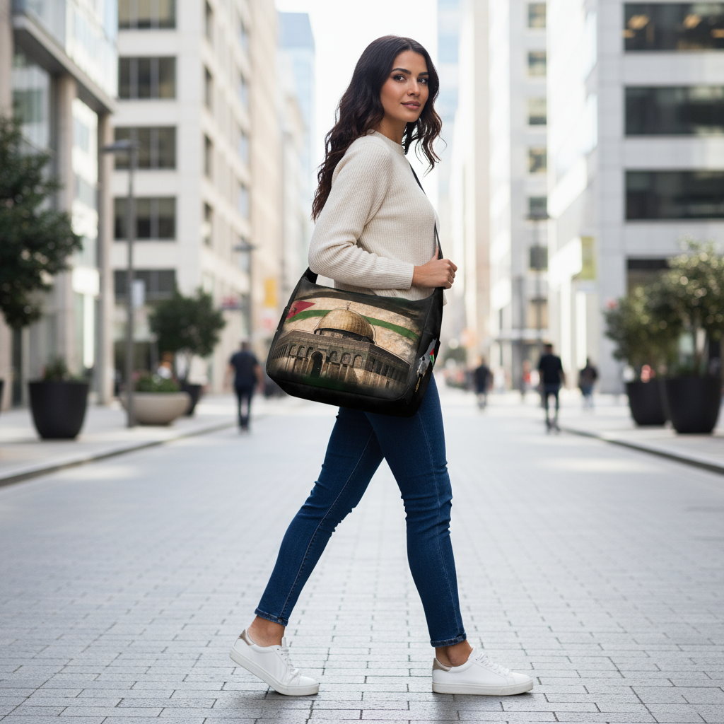 Side view - woman walking past offices