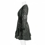 Side view of a black printed ruffle dress with long sleeves on mannequin, Ivorynn fashion