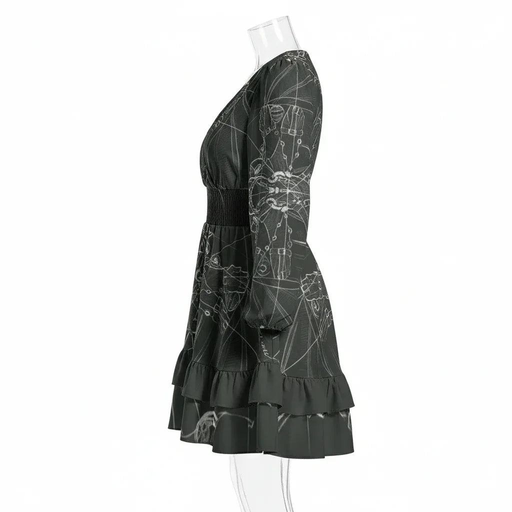 Side view of a black printed ruffle dress with long sleeves on mannequin, Ivorynn fashion