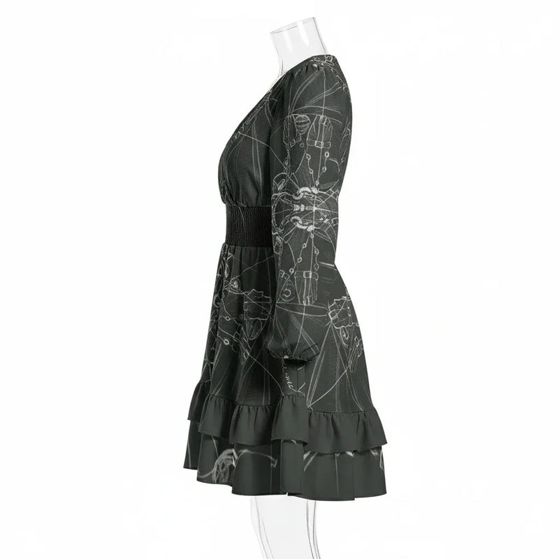 Side view of a black printed ruffle dress with long sleeves on mannequin, Ivorynn fashion