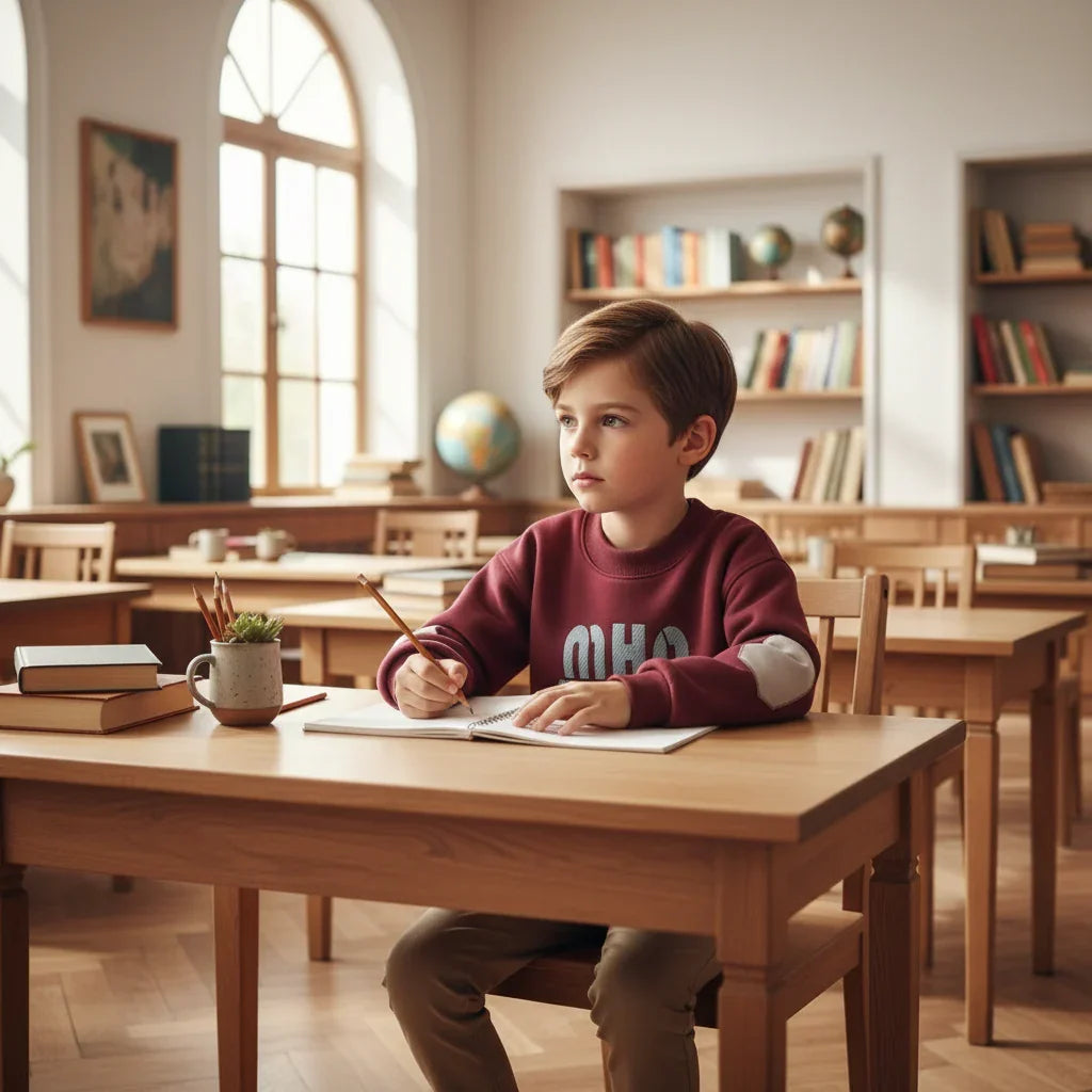 Sitting at desk in bright classroom