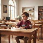 Sitting at desk in bright classroom