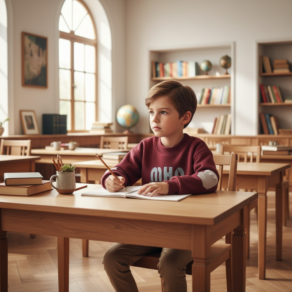 Sitting at desk in bright classroom