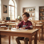 Sitting at desk in bright classroom