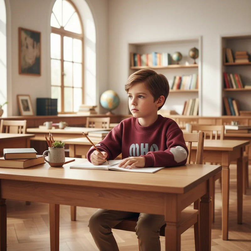 Sitting at desk in bright classroom