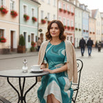 Woman in stylish dress sitting at outdoor cafe with colorful buildings, Ivorynn fashion