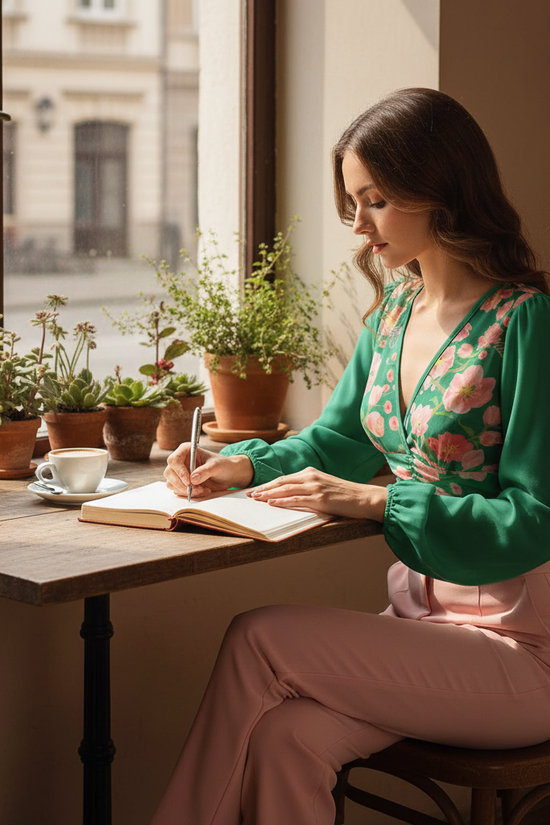 Sitting at window table writing in journal