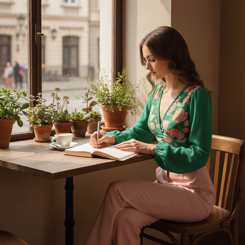 Sitting at window table writing in journal