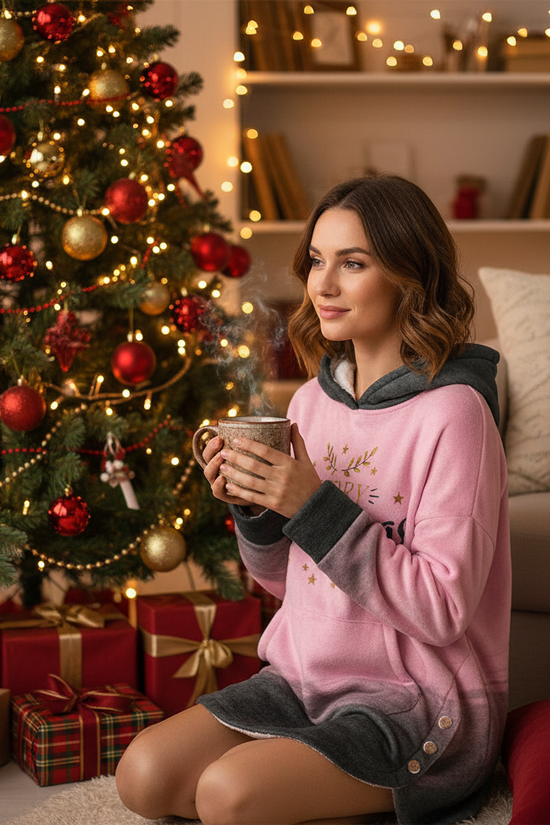 Sitting by tree with presents and warm drink