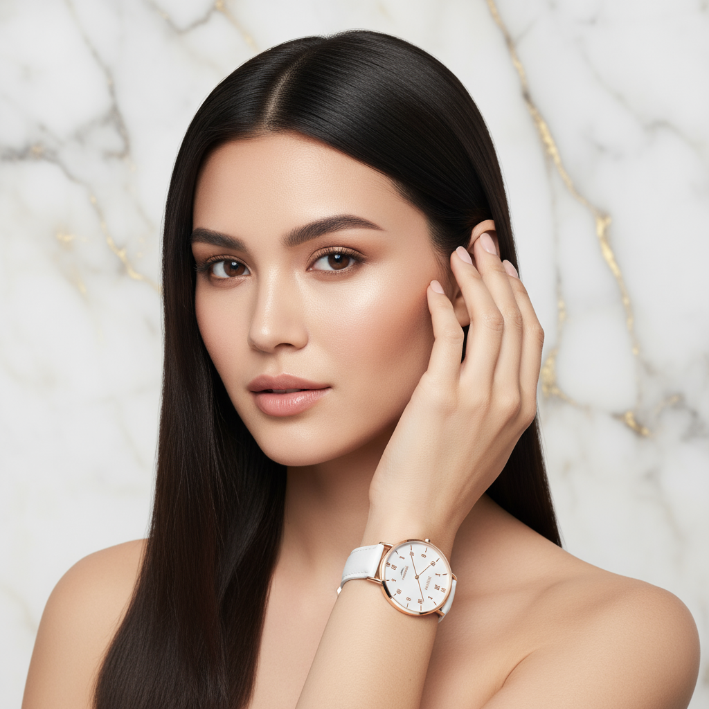 Sleek hair flowing - hand touching hair