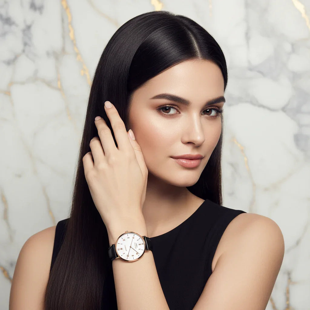 Sleek hair flowing - hand touching hair