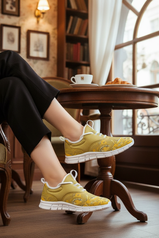 Sneaker close-up in European café