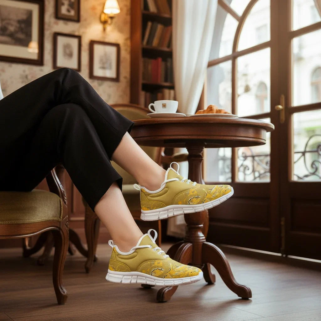 Sneaker close-up in European café