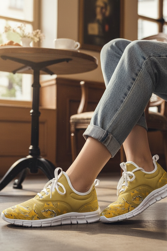 Sneaker close-up in European café