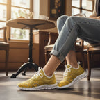 Sneaker close-up in European café