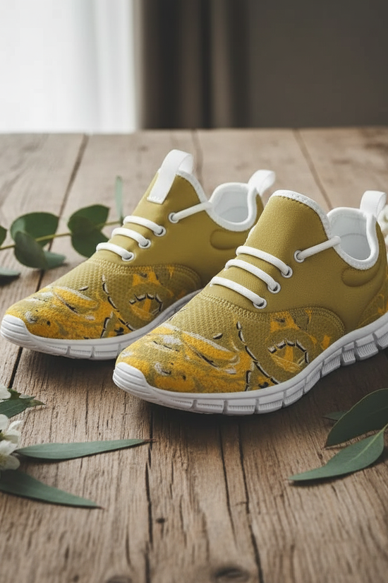 Sneakers on wood with botanical elements