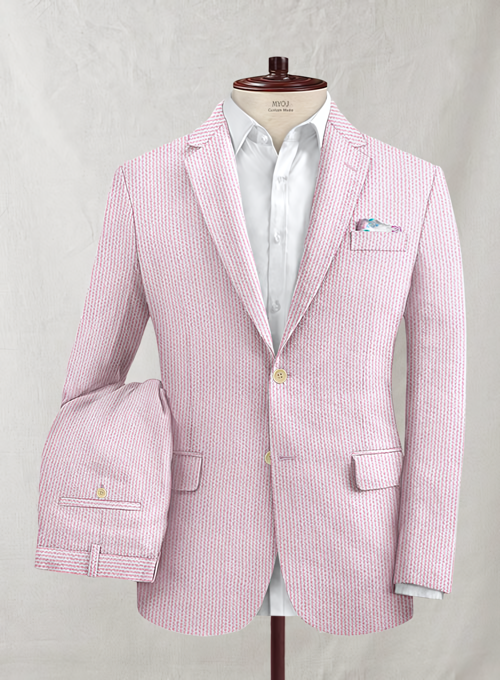 Slim Fit Two-Button Seersucker Pink Suit Set