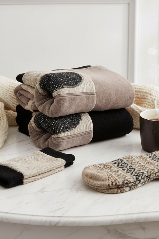 Stacked with scarf, socks, and steaming mug