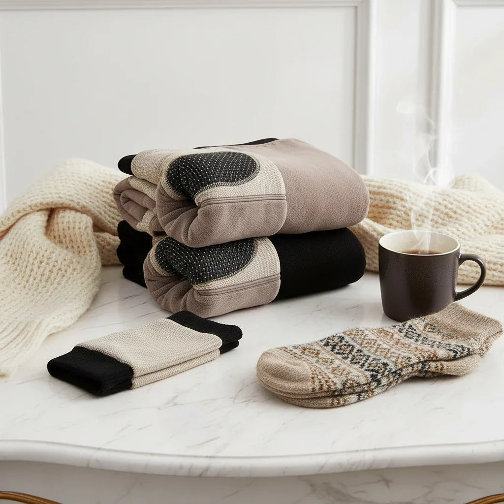 Stacked with scarf, socks, and steaming mug