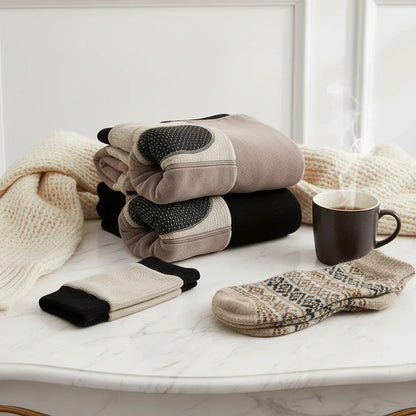 Stacked with scarf, socks, and steaming mug