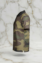 Men's camo polo shirt side view on marble background, modern fashion at Ivorynn