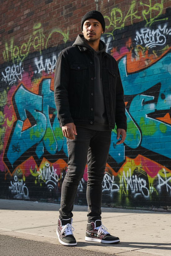 Standing in front of graffiti wall