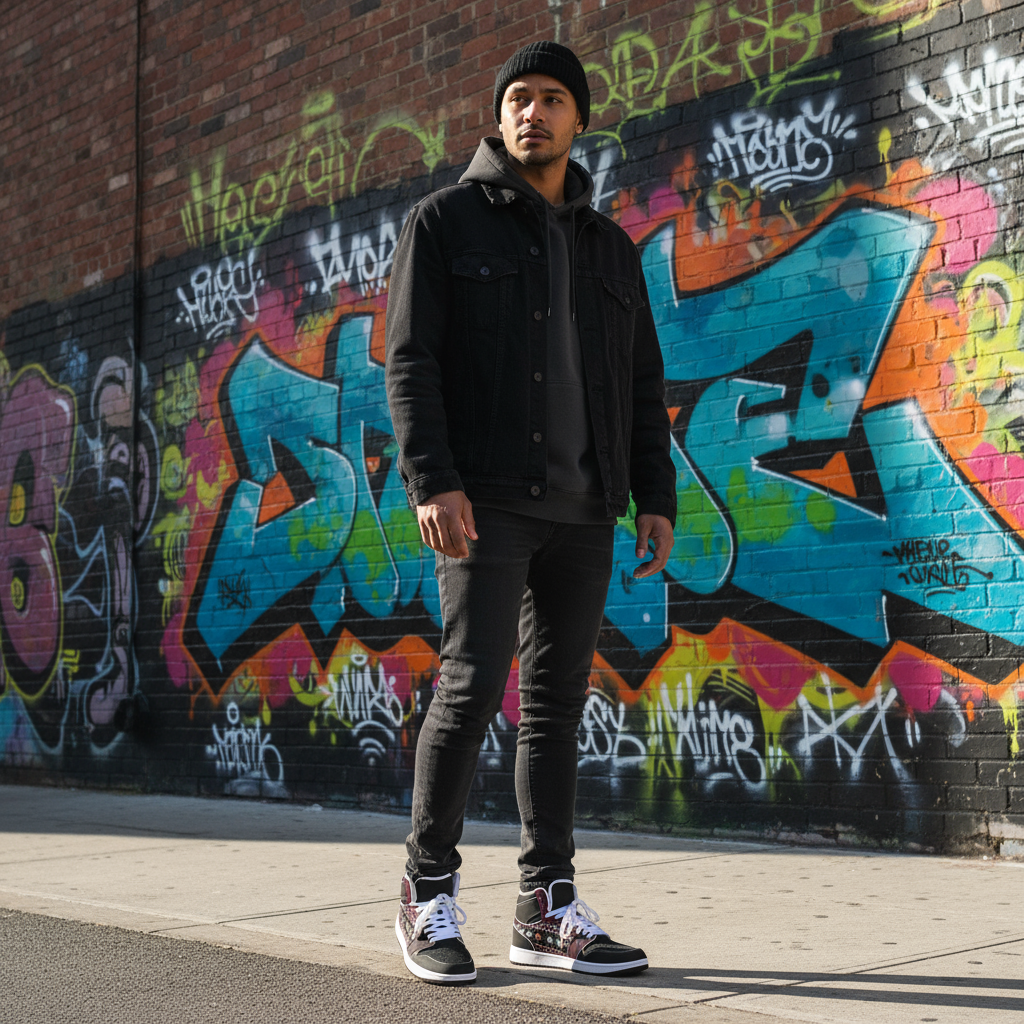 Standing in front of graffiti wall