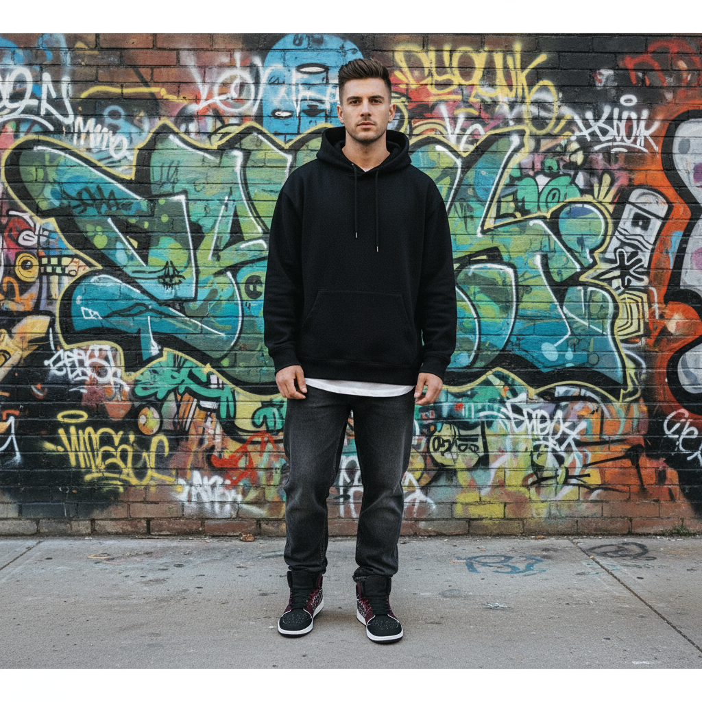 Standing in front of graffiti wall