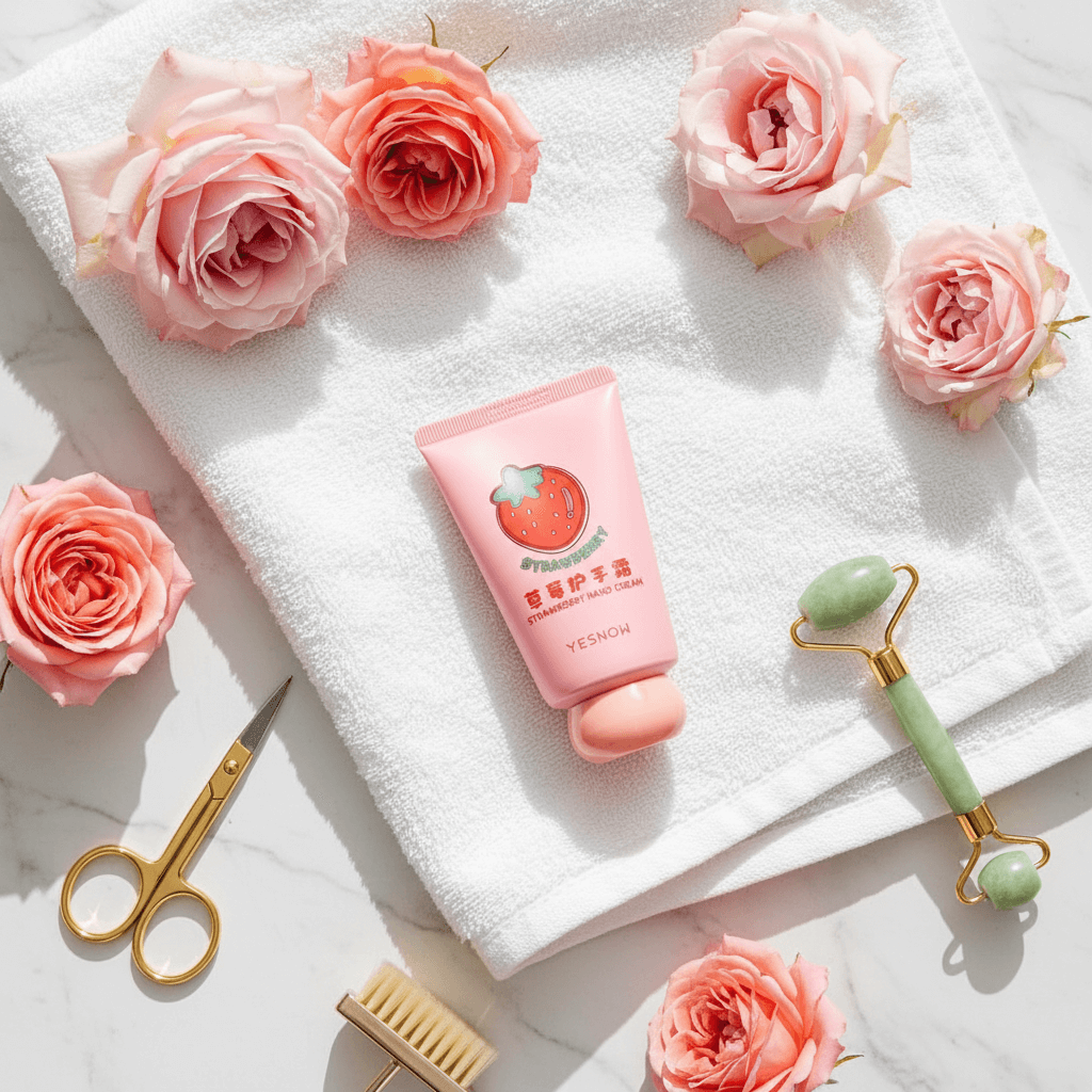 Fruit Fragrance Milky Hand Cream surrounded by pink roses on a white towel for hydration and nourishment.