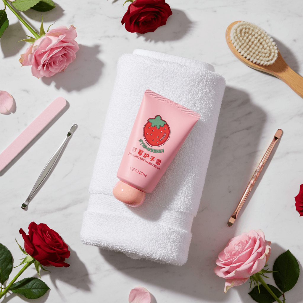 Fruit Fragrance Milky Hand Cream on a white towel surrounded by flowers and grooming tools.