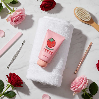 Fruit Fragrance Milky Hand Cream on a white towel surrounded by flowers and grooming tools.
